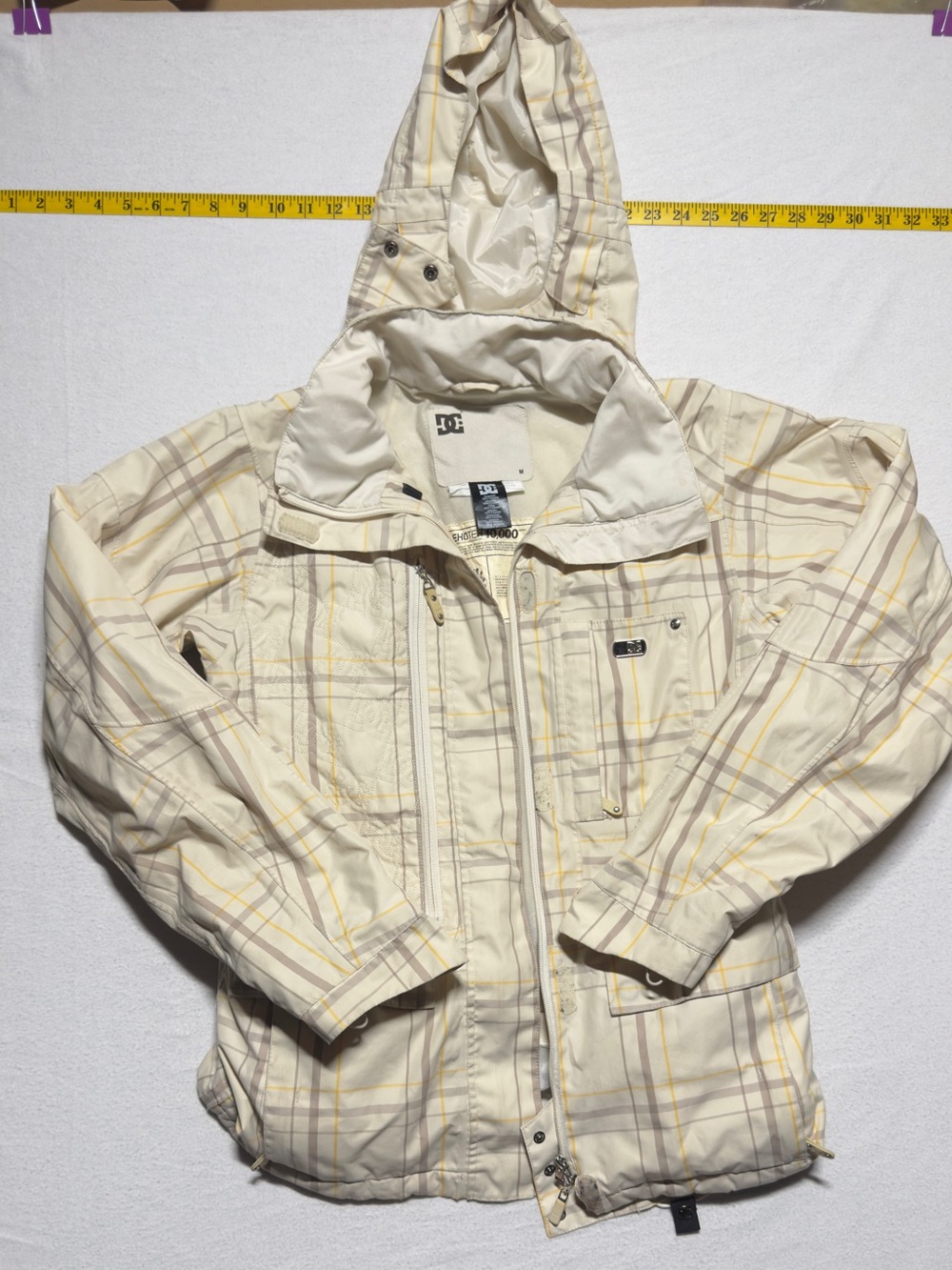 DC Cream Plaid Hooded Puffer Jacket with Yellow Accents